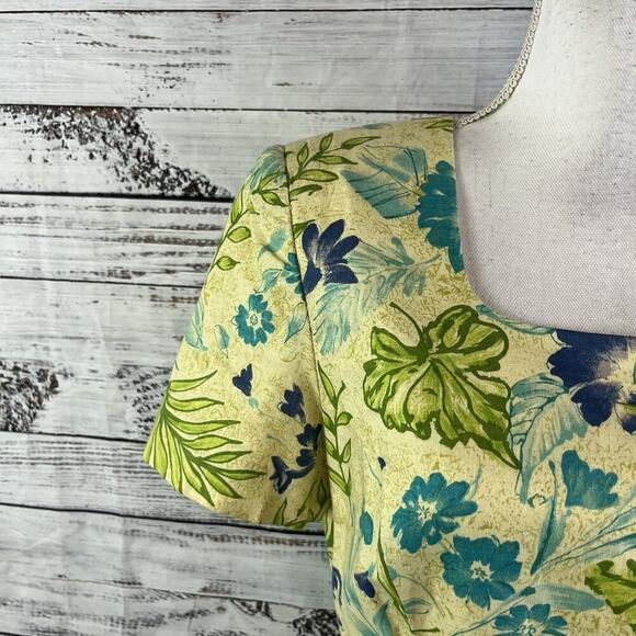 Maggy London Dress size 10 Green Blue Floral Linen Straight Knee Church Wedding - Picture 5 of 12